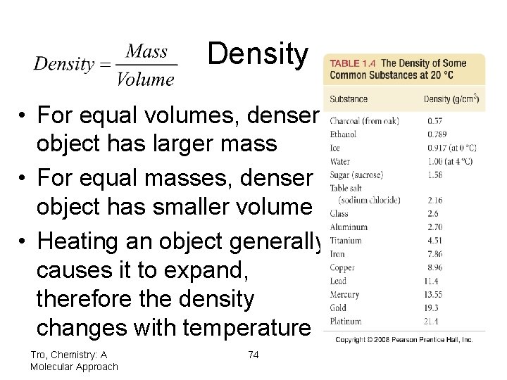 Density • For equal volumes, denser object has larger mass • For equal masses,