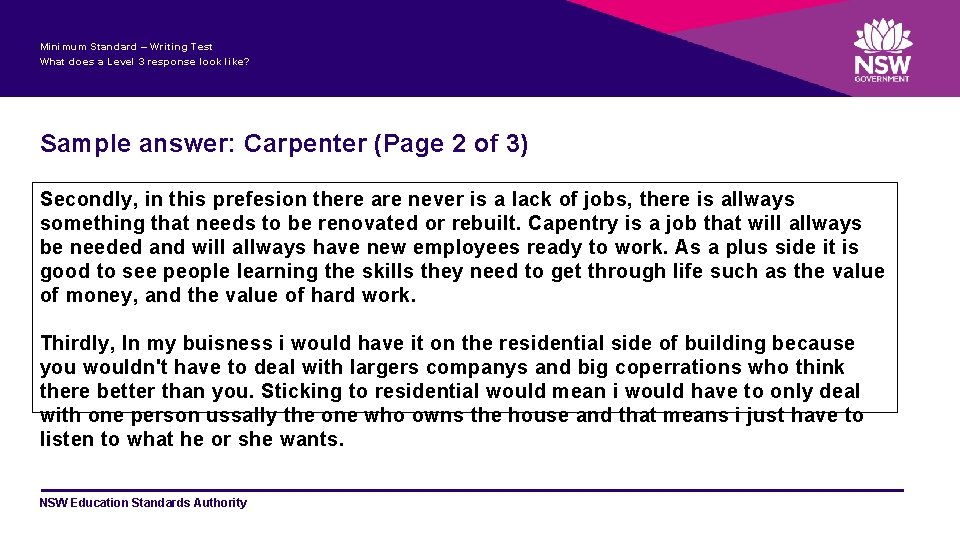 Minimum Standard – Writing Test What does a Level 3 response look like? Sample
