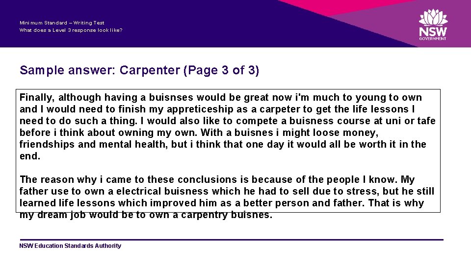 Minimum Standard – Writing Test What does a Level 3 response look like? Sample