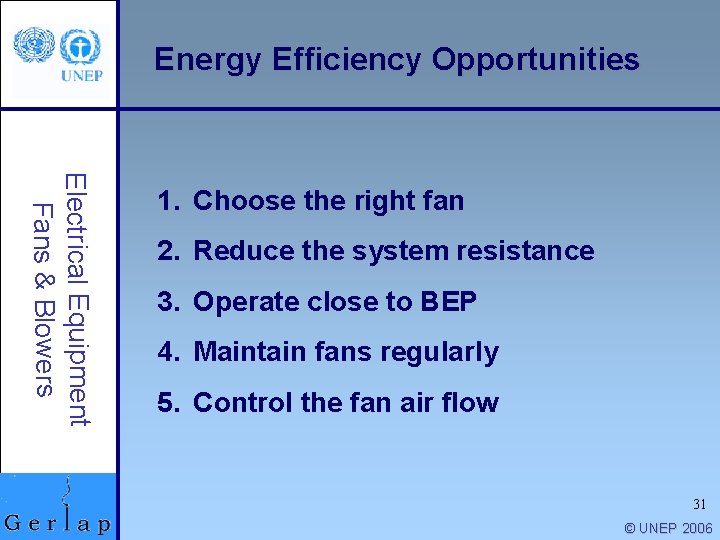 Energy Efficiency Opportunities Electrical Equipment Fans & Blowers 1. Choose the right fan 2.