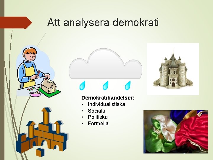 Att analysera demokrati Demokratihändelser: • Individualistiska • Sociala • Politiska • Formella 