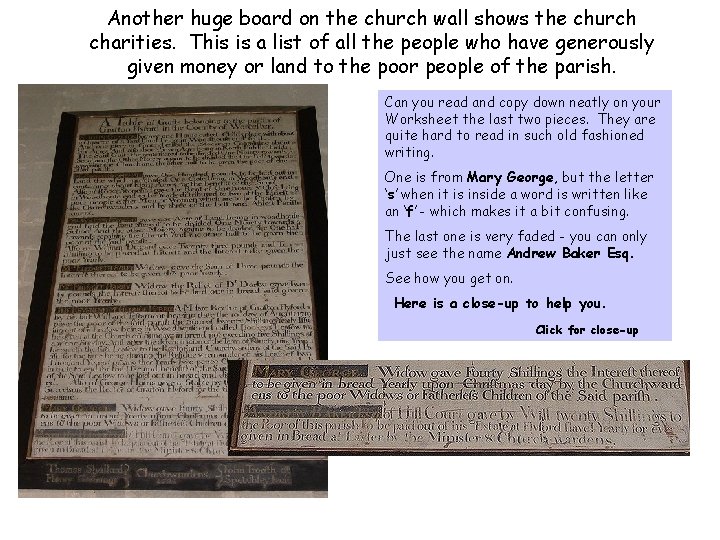 Another huge board on the church wall shows the church charities. This is a