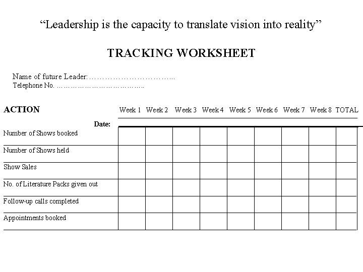 “Leadership is the capacity to translate vision into reality” TRACKING WORKSHEET Name of future