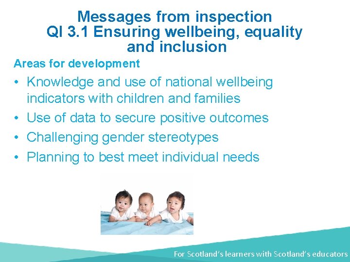 Messages from inspection QI 3. 1 Ensuring wellbeing, equality and inclusion Areas for development