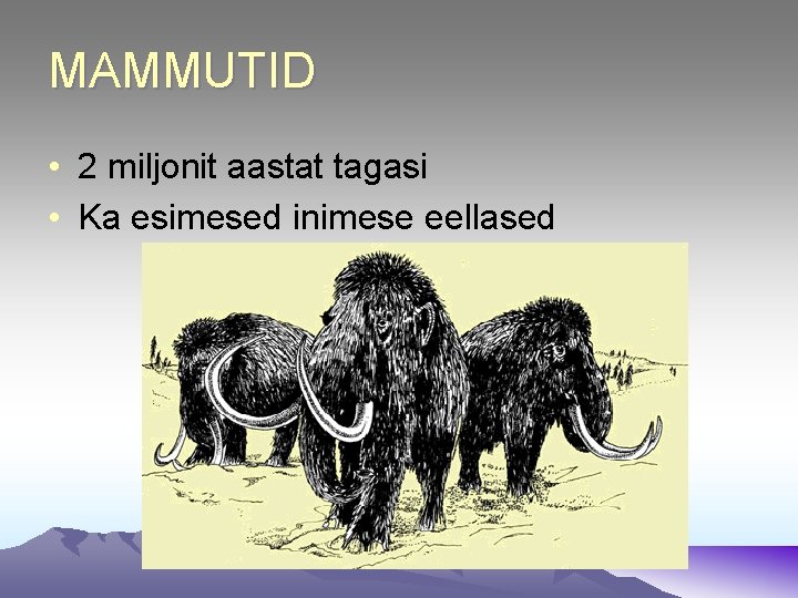 MAMMUTID • 2 miljonit aastat tagasi • Ka esimesed inimese eellased MAMMUTID • 2 miljonit aastat tagasi • Ka esimesed inimese eellased