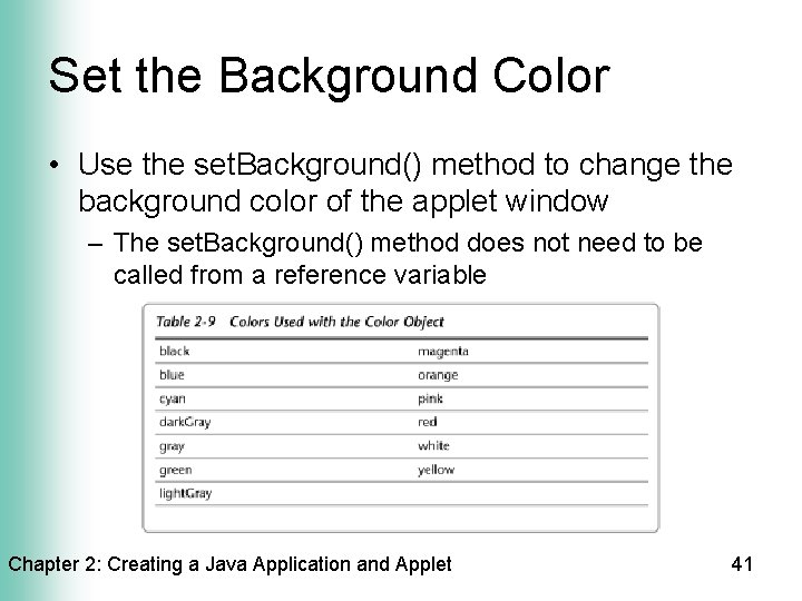 Set the Background Color • Use the set. Background() method to change the background