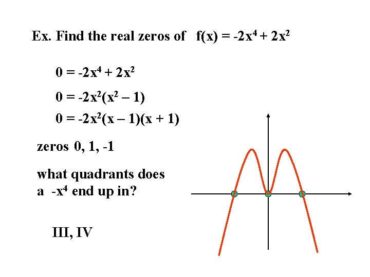 Ex. Find the real zeros of f(x) = -2 x 4 + 2 x
