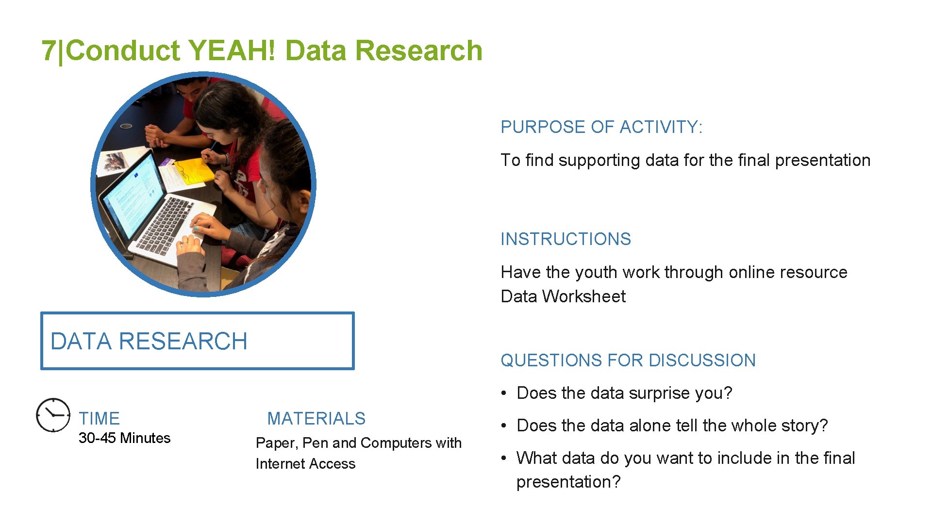 7|Conduct YEAH! Data Research PURPOSE OF ACTIVITY: To find supporting data for the final