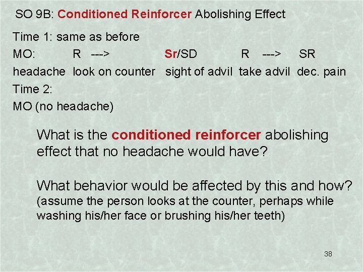 SO 9 B: Conditioned Reinforcer Abolishing Effect Time 1: same as before MO: R
