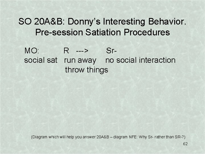 SO 20 A&B: Donny’s Interesting Behavior. Pre-session Satiation Procedures MO: R ---> Srsocial sat