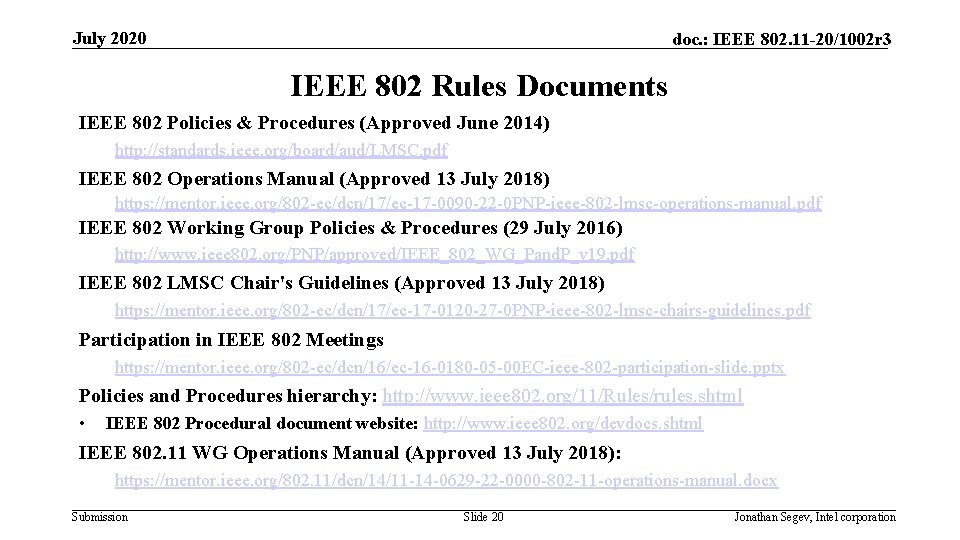 July 2020 doc. : IEEE 802. 11 -20/1002 r 3 IEEE 802 Rules Documents
