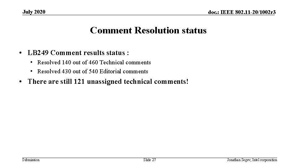 July 2020 doc. : IEEE 802. 11 -20/1002 r 3 Comment Resolution status •