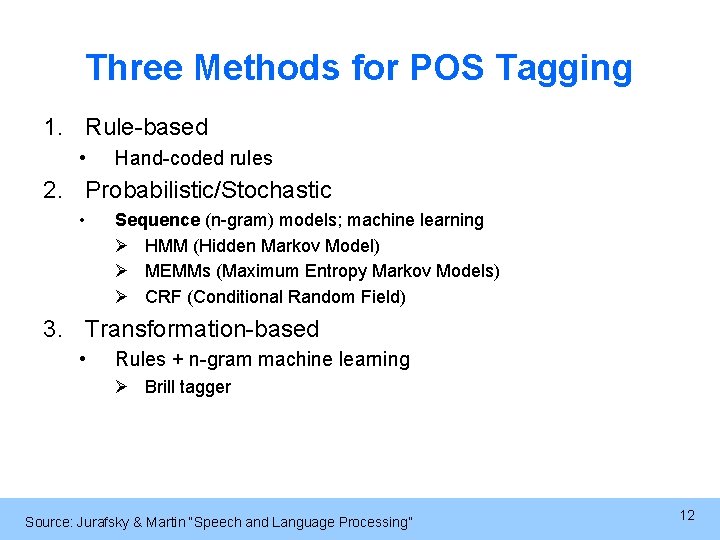 Three Methods for POS Tagging 1. Rule-based • Hand-coded rules 2. Probabilistic/Stochastic • Sequence