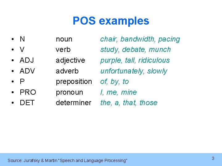 POS examples • • N V ADJ ADV P PRO DET noun verb adjective