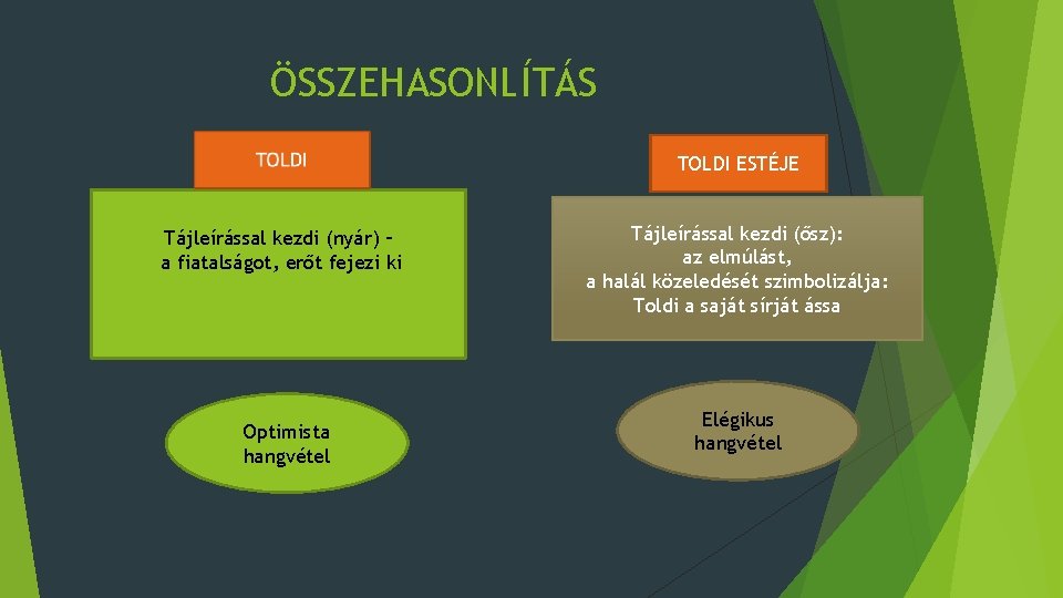 ÖSSZEHASONLÍTÁS TOLDI ESTÉJE Tájleírással kezdi (nyár) – a fiatalságot, erőt fejezi ki Optimista hangvétel