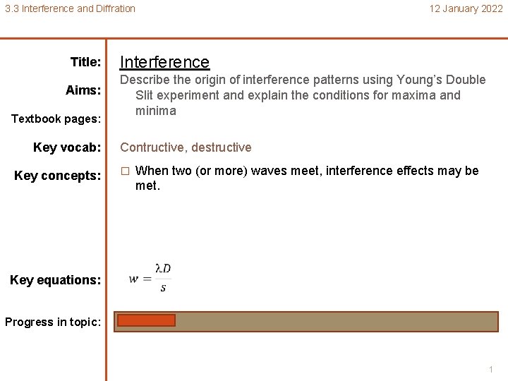 3. 3 Interference and Diffration Interference 12 January 2022 Textbook pages: Title: Aims: Textbook