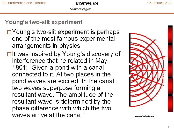 3. 3 Interference and Diffration Interference 12 January 2022 Textbook pages: Young’s two-slit experiment