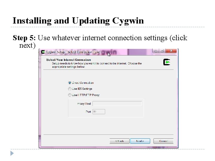 Installing and Updating Cygwin Step 5: Use whatever internet connection settings (click next) 