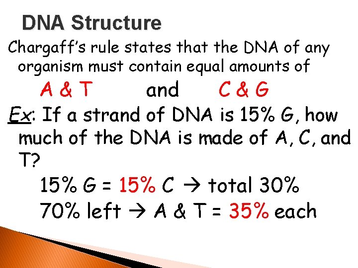 DNA Structure Chargaff’s rule states that the DNA of any organism must contain equal