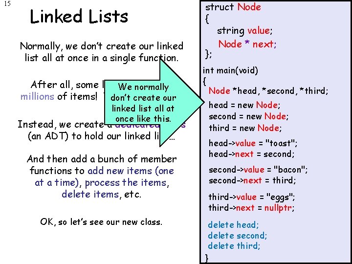 15 Linked Lists Normally, we don’t create our linked list all at once in