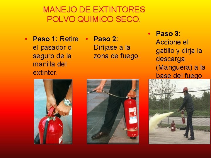 MANEJO DE EXTINTORES POLVO QUIMICO SECO. • Paso 1: Retire • Paso 2: el