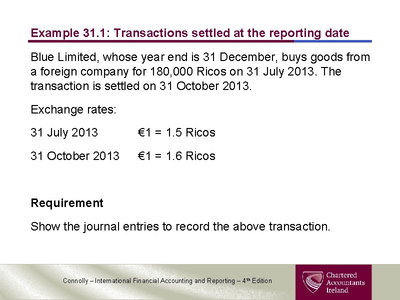 Example 31. 1: Transactions settled at the reporting date Blue Limited, whose year end