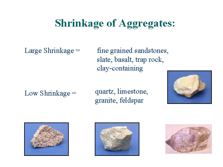 Shrinkage of Aggregates: Large Shrinkage = fine grained sandstones, slate, basalt, trap rock, clay-containing Shrinkage of Aggregates: Large Shrinkage = fine grained sandstones, slate, basalt, trap rock, clay-containing
