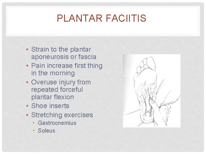 PLANTAR FACIITIS • Strain to the plantar aponeurosis or fascia • Pain increase first