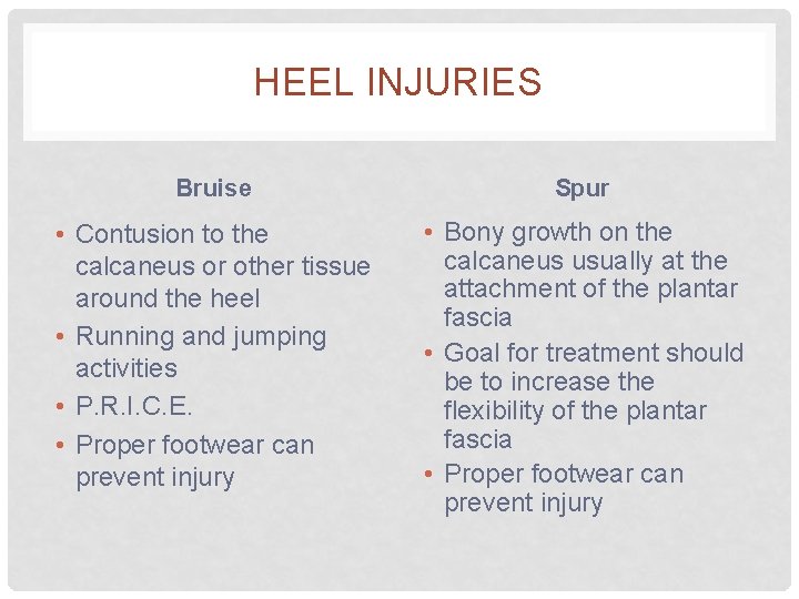 HEEL INJURIES Bruise Spur • Contusion to the calcaneus or other tissue around the