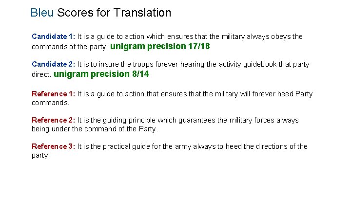 Bleu Scores for Translation Candidate 1: It is a guide to action which ensures