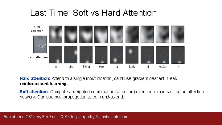 Last Time: Soft vs Hard Attention Soft attention Hard attention: Attend to a single