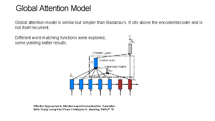 Global Attention Model Global attention model is similar but simpler than Badanau’s. It sits