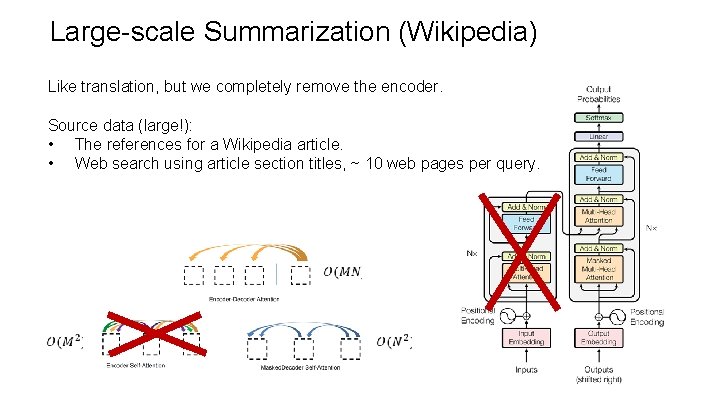 Large-scale Summarization (Wikipedia) Like translation, but we completely remove the encoder. Source data (large!):