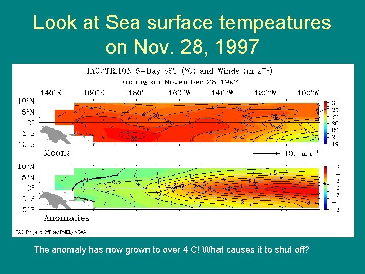 Look at Sea surface tempeatures on Nov. 28, 1997 The anomaly has now grown Look at Sea surface tempeatures on Nov. 28, 1997 The anomaly has now grown
