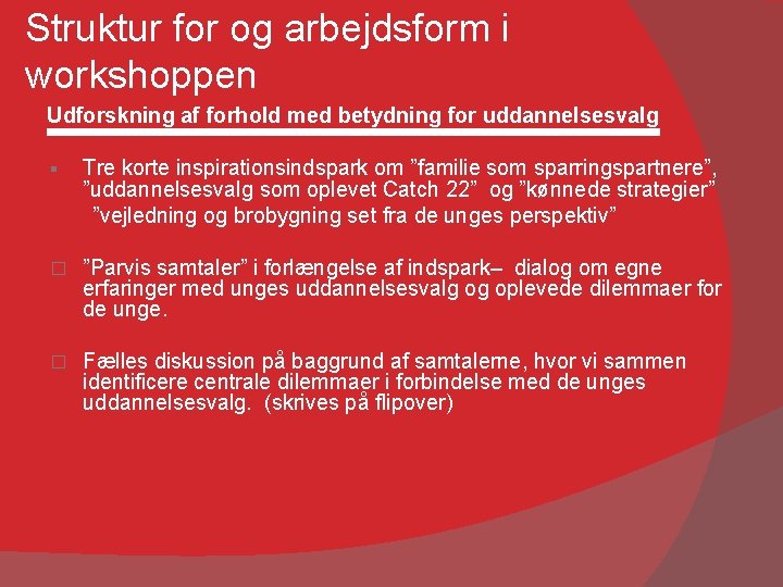 Struktur for og arbejdsform i workshoppen Udforskning af forhold med betydning for uddannelsesvalg §