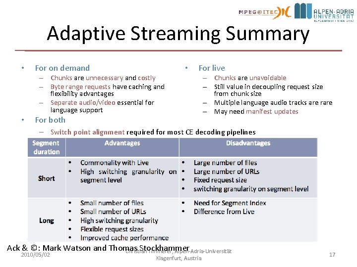 Adaptive Streaming Summary • For on demand • – Chunks are unnecessary and costly