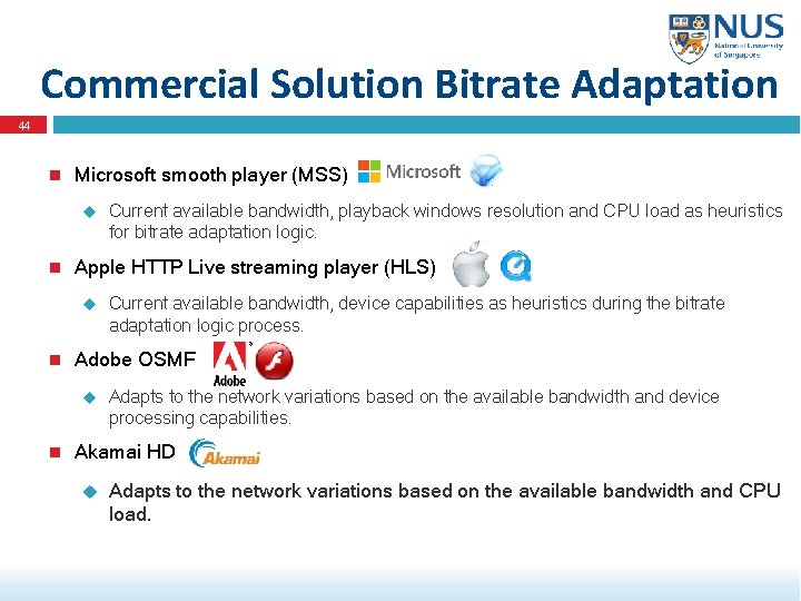 Commercial Solution Bitrate Adaptation 44 Microsoft smooth player (MSS) Apple HTTP Live streaming player