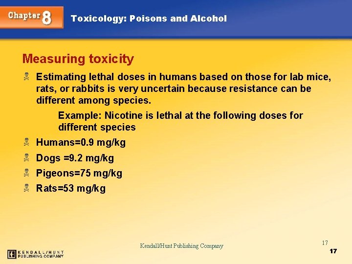Toxicology: Poisons and Alcohol Measuring toxicity N Estimating lethal doses in humans based on