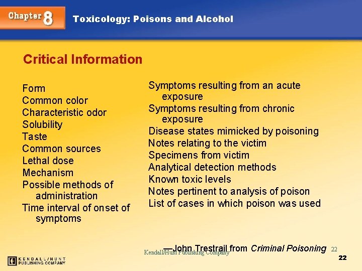 Toxicology: Poisons and Alcohol Critical Information Form Common color Characteristic odor Solubility Taste Common