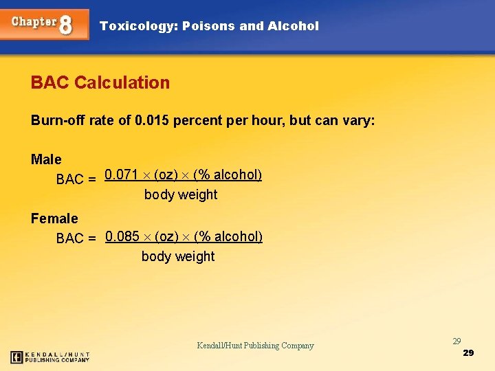 Toxicology: Poisons and Alcohol BAC Calculation Burn-off rate of 0. 015 percent per hour,
