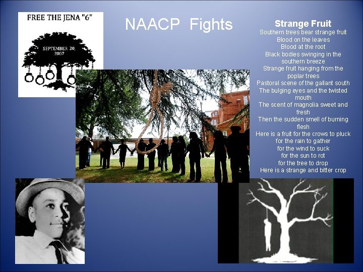 NAACP Fights Strange Fruit Southern trees bear strange fruit Blood on the leaves Blood