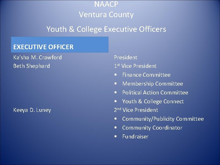 NAACP Ventura County Youth & College Executive Officers EXECUTIVE OFFICER Ka’sha M. Crawford Beth