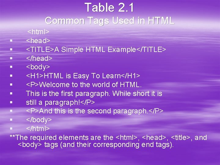 Table 2. 1 Common Tags Used in HTML <html> § <head> § <TITLE>A Simple