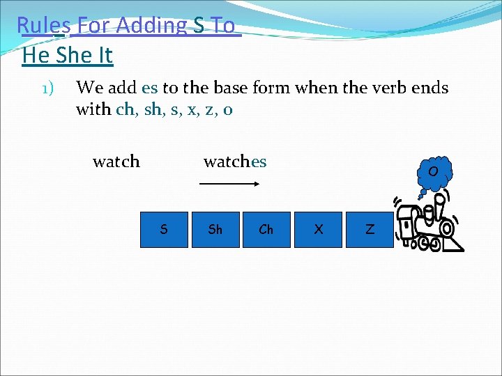 Rules For Adding S To He She It 1) We add es to the