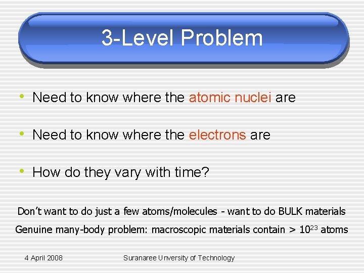 3 -Level Problem • Need to know where the atomic nuclei are • Need