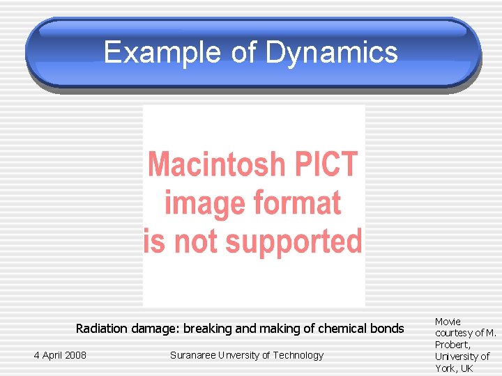 Example of Dynamics Radiation damage: breaking and making of chemical bonds 4 April 2008