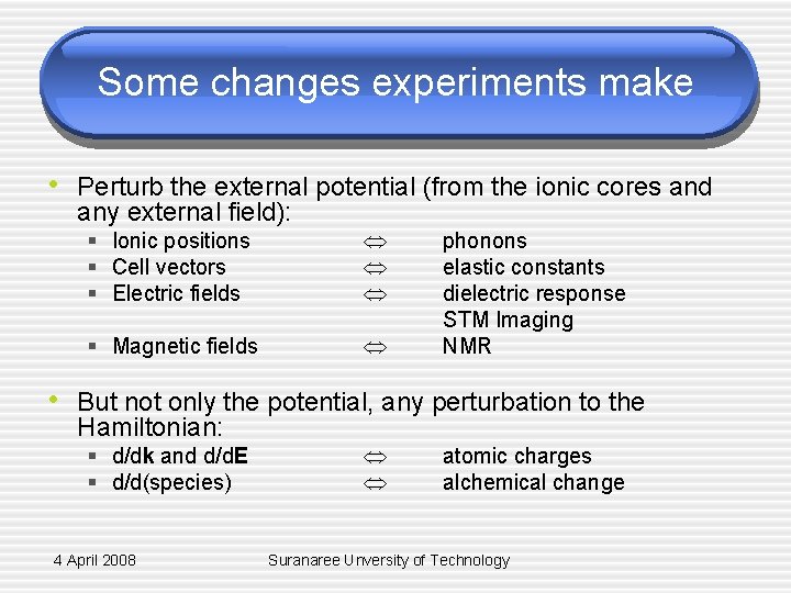 Some changes experiments make • Perturb the external potential (from the ionic cores and