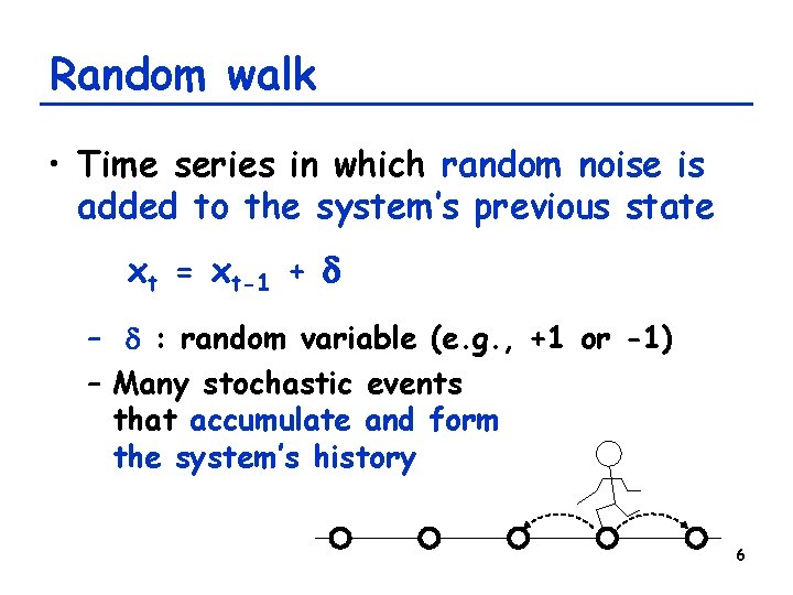 Random walk • Time series in which random noise is added to the system’s