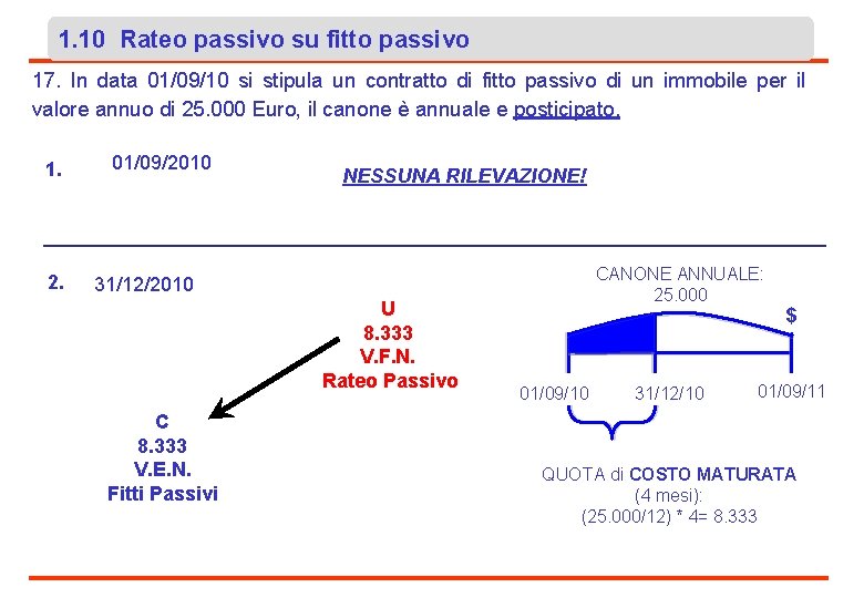 1. 10 Rateo passivo su fitto passivo 17. In data 01/09/10 si stipula un