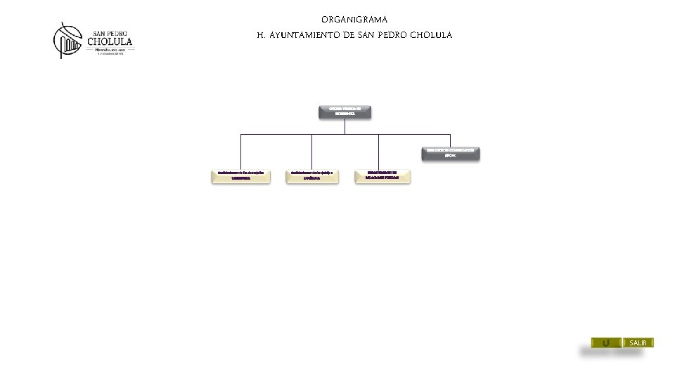 ORGANIGRAMA H. AYUNTAMIENTO DE SAN PEDRO CHOLULA OFICINA TÉCNICA DE PRESIDENCIA DIRECCIÓN DE COMUNICACIÓN ORGANIGRAMA H. AYUNTAMIENTO DE SAN PEDRO CHOLULA OFICINA TÉCNICA DE PRESIDENCIA DIRECCIÓN DE COMUNICACIÓN